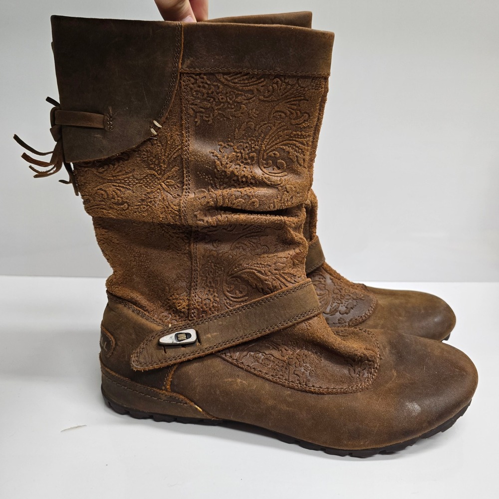 Merrell Haven Slouch Boots Womens 8.5 Brown Oak Leather Suede Paisley Boho